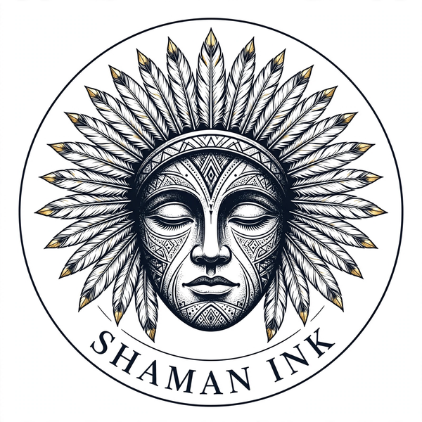 Shaman Ink tattoo studio logo — shaman face with feather headdress